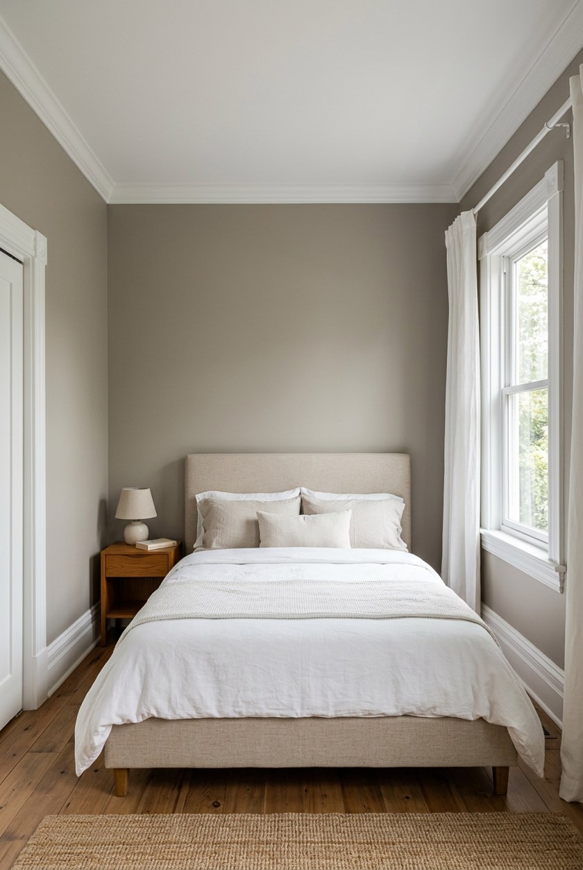 A small bedroom with sage walls and the wall behind the bed in a deeper green, ready to try an accent wall color