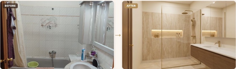 A real guest bathroom photo before, and the same photo redrawn renovated by the AI