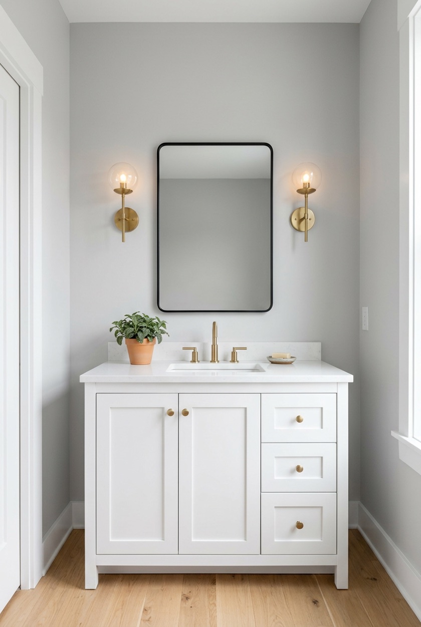 A bright bathroom with a white Shaker vanity, a black-framed mirror, brass sconces and light gray walls, ready to paint