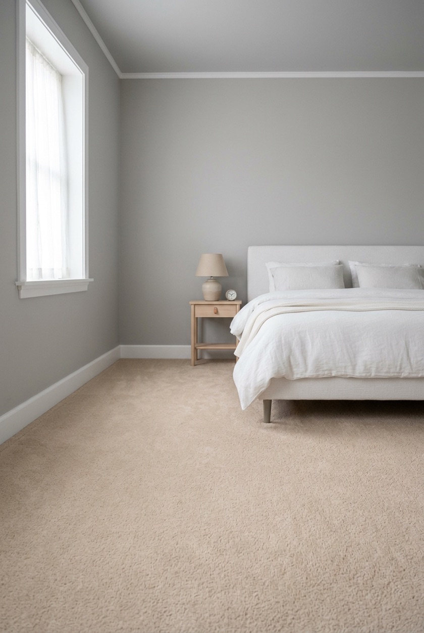 A bedroom with gray walls, white trim and wall-to-wall carpet, ready to try a carpet color