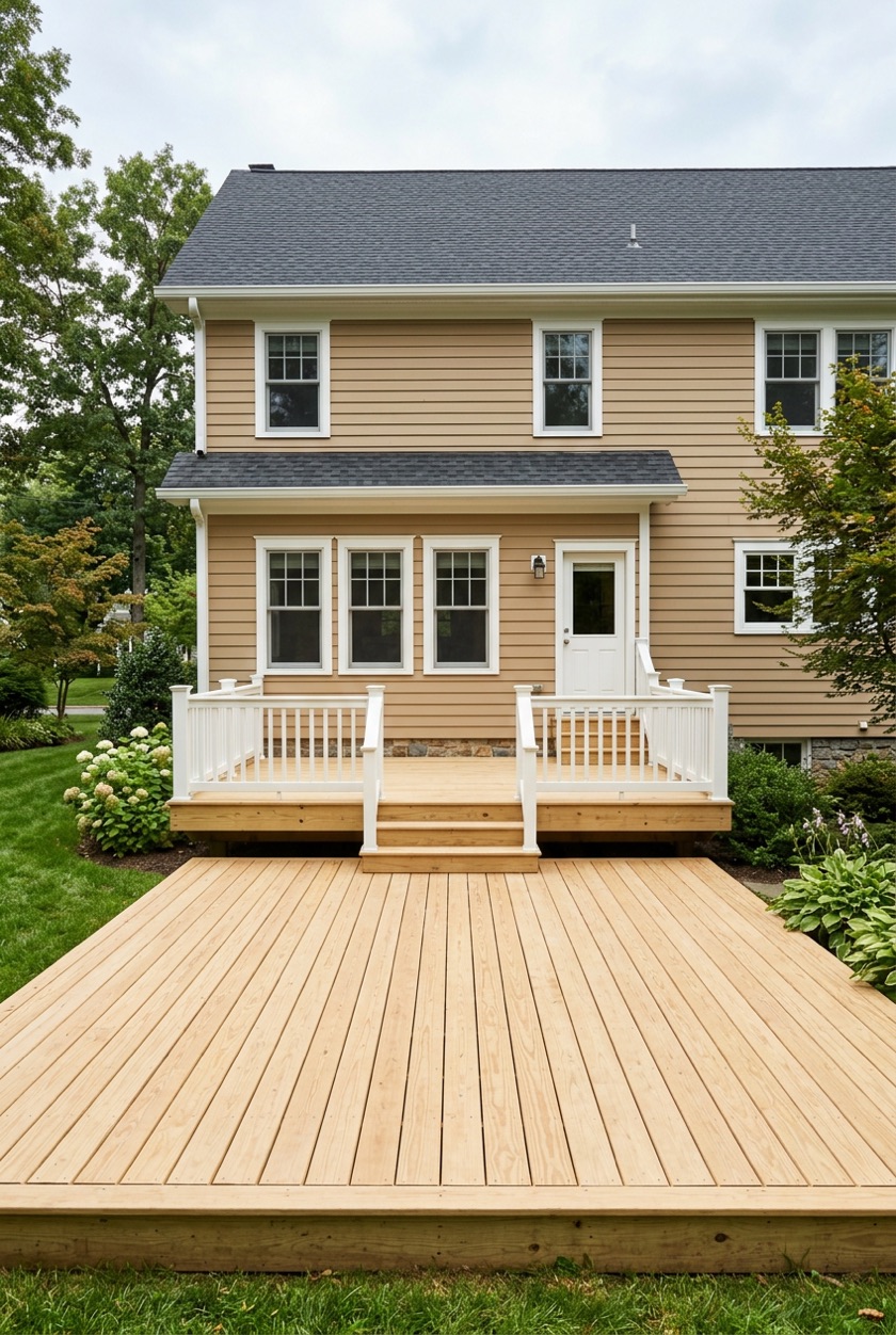 The back of a two-story house with tan siding and white trim, a deck and steps in front of it, ready to try a composite decking color