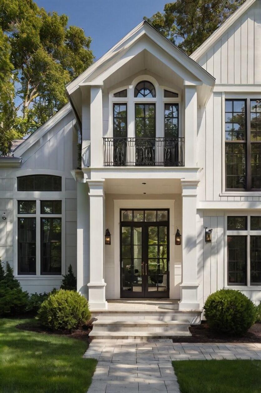 A white board-and-batten house with black windows, ready to paint