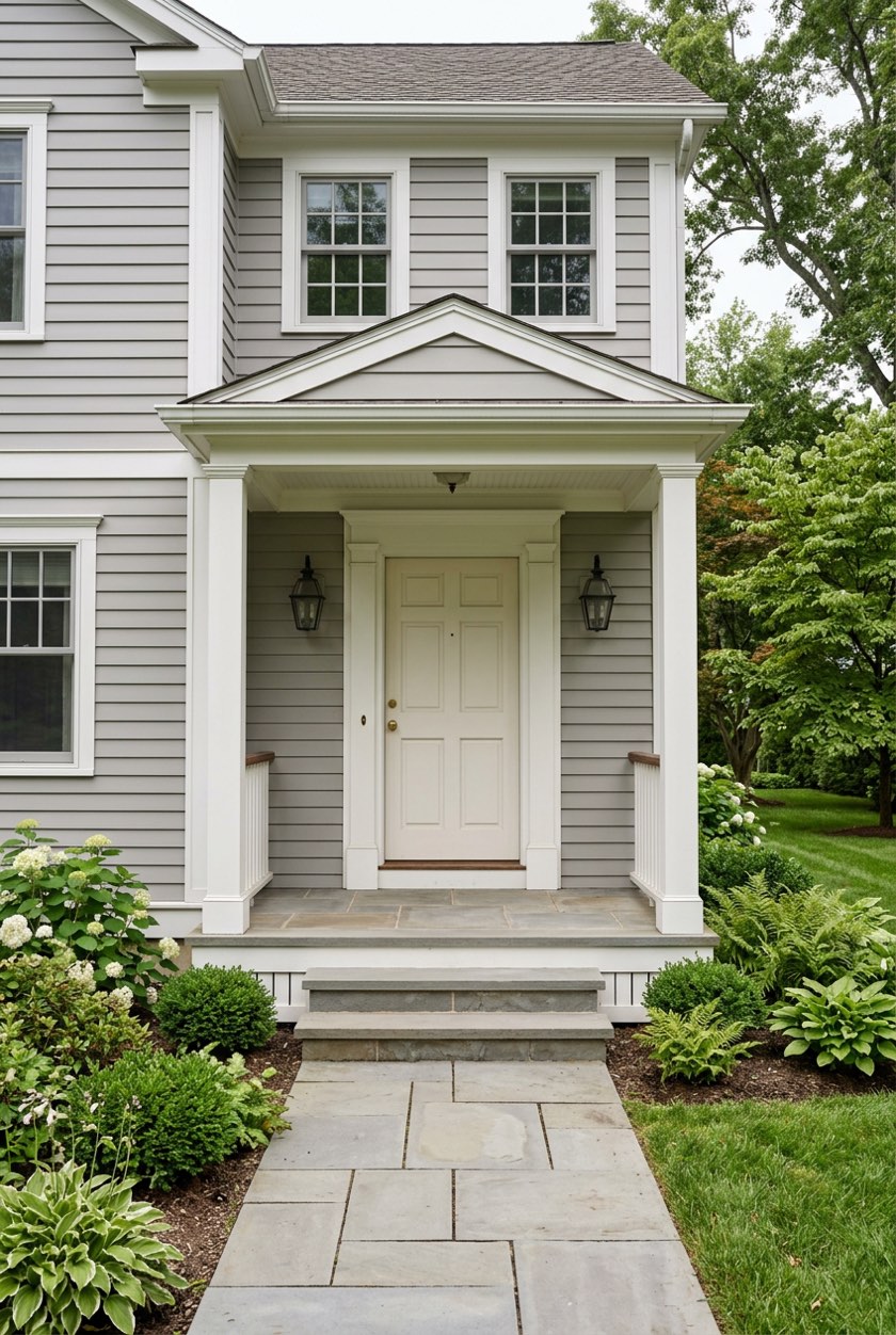 A gray colonial house with white trim and a cream front door, ready to paint