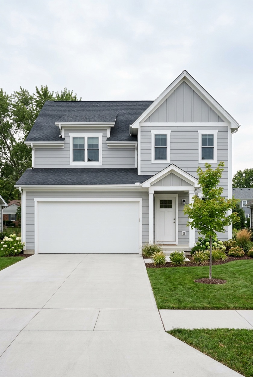 A two-story house with light gray lap siding, white trim and a wide white two-car garage door, ready to paint
