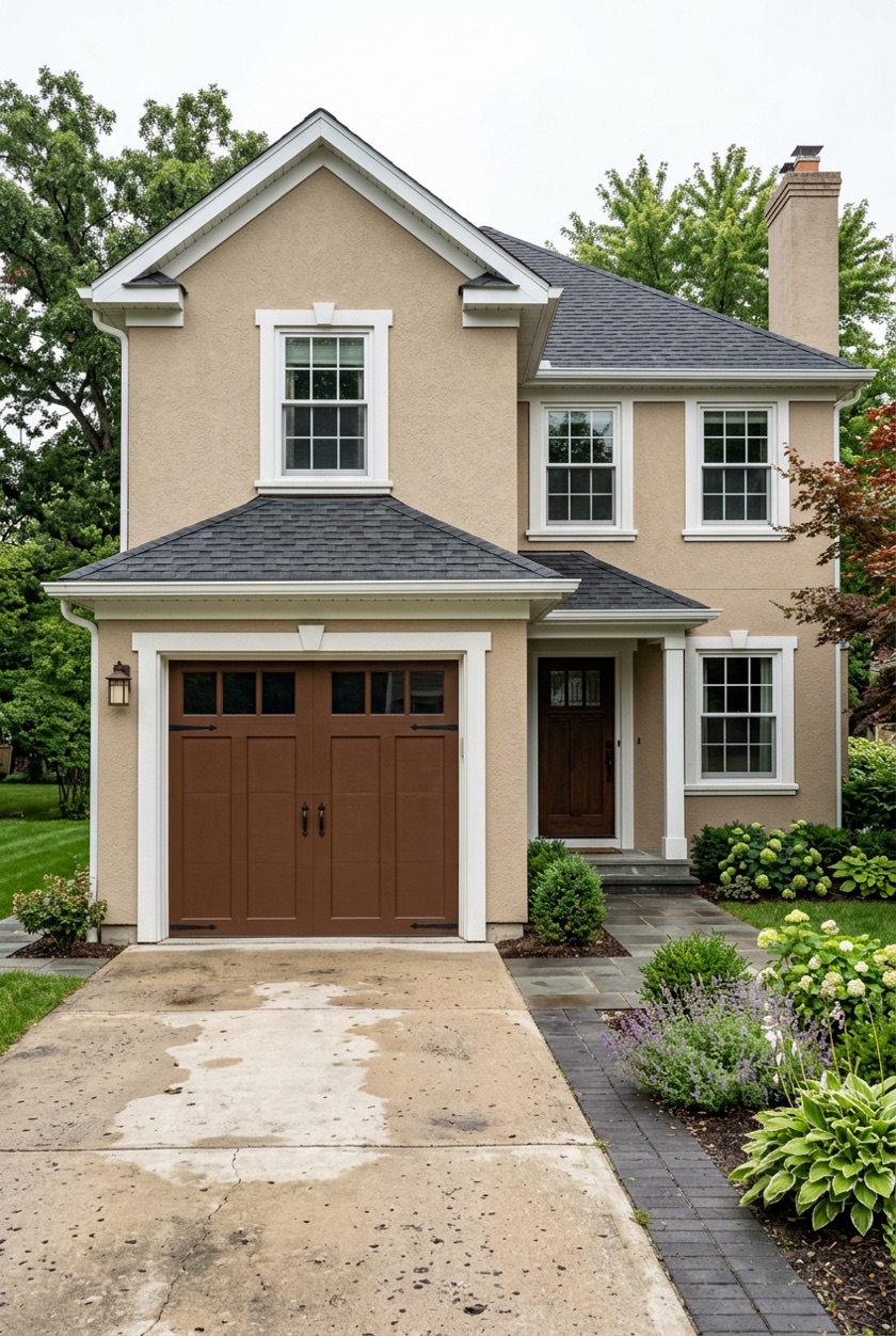 A two-story house with tan stucco walls, white trim, white gutters and downspouts and a dark shingle roof, ready to try a gutter color