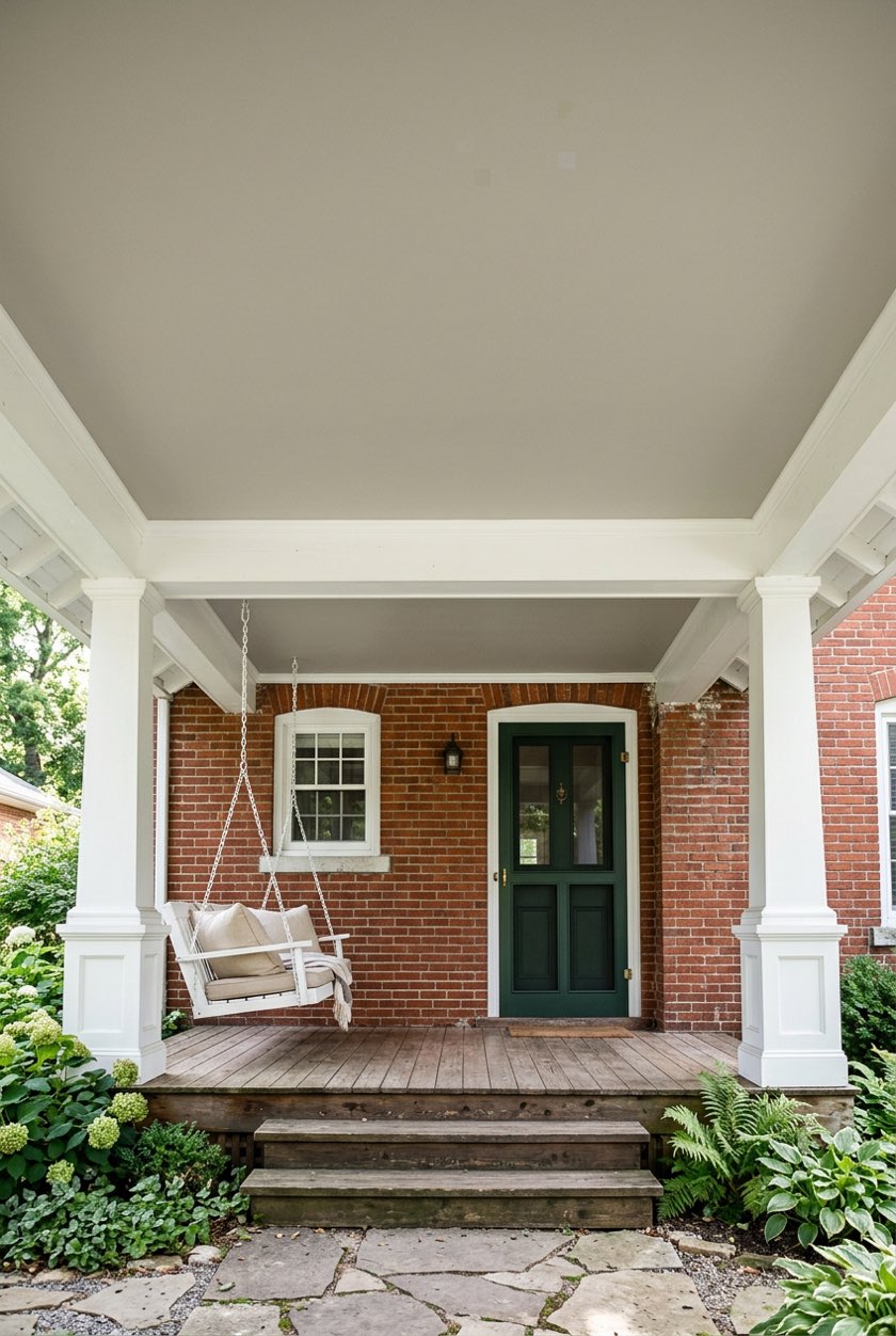 The covered front porch of a red brick cottage with a pale gray ceiling, ready to paint haint blue