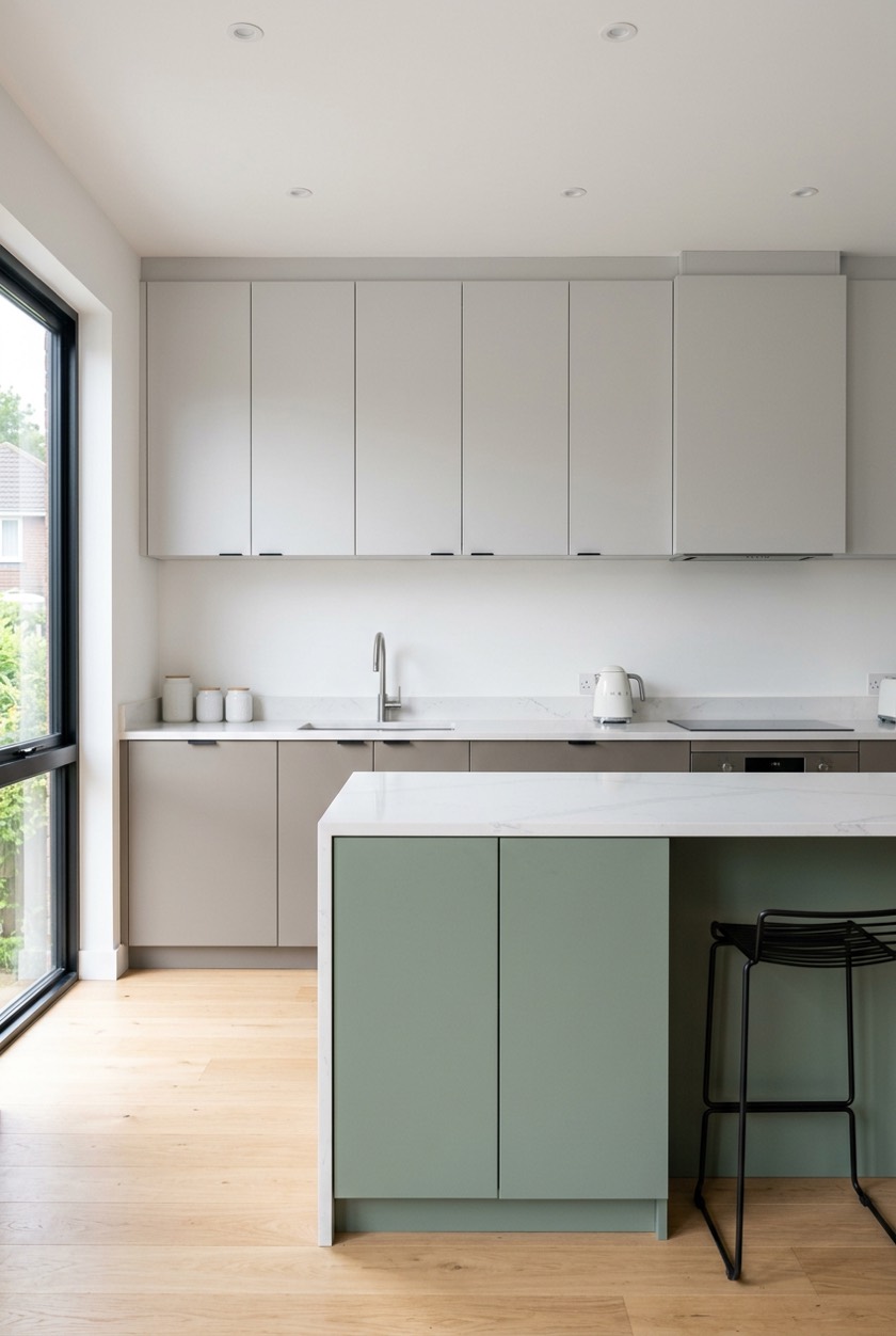 A modern kitchen with light gray upper cabinets, greige lower cabinets and a sage green island, ready to paint