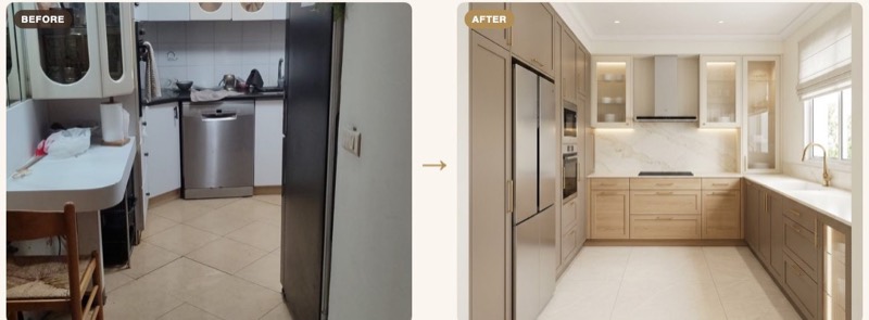 A real kitchen photo before, and the same photo redrawn renovated by the AI