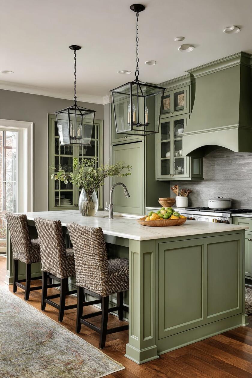 A kitchen with green cabinets, ready to pick colors from