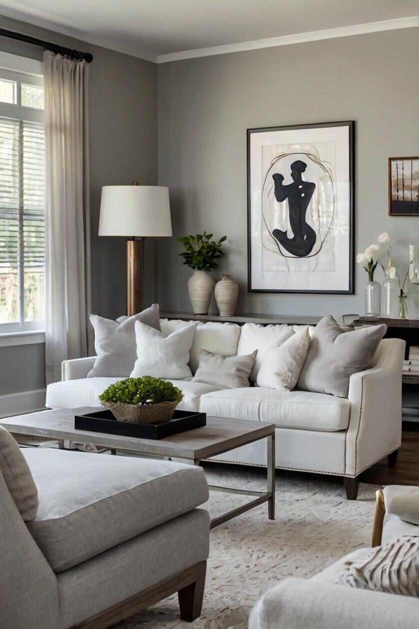 A living room with gray walls and a white sofa