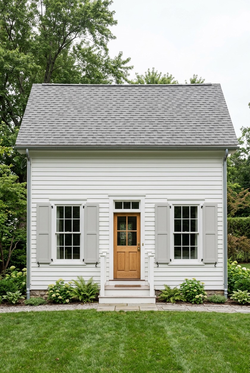 A white clapboard cottage with two windows and light gray panel shutters, ready to paint