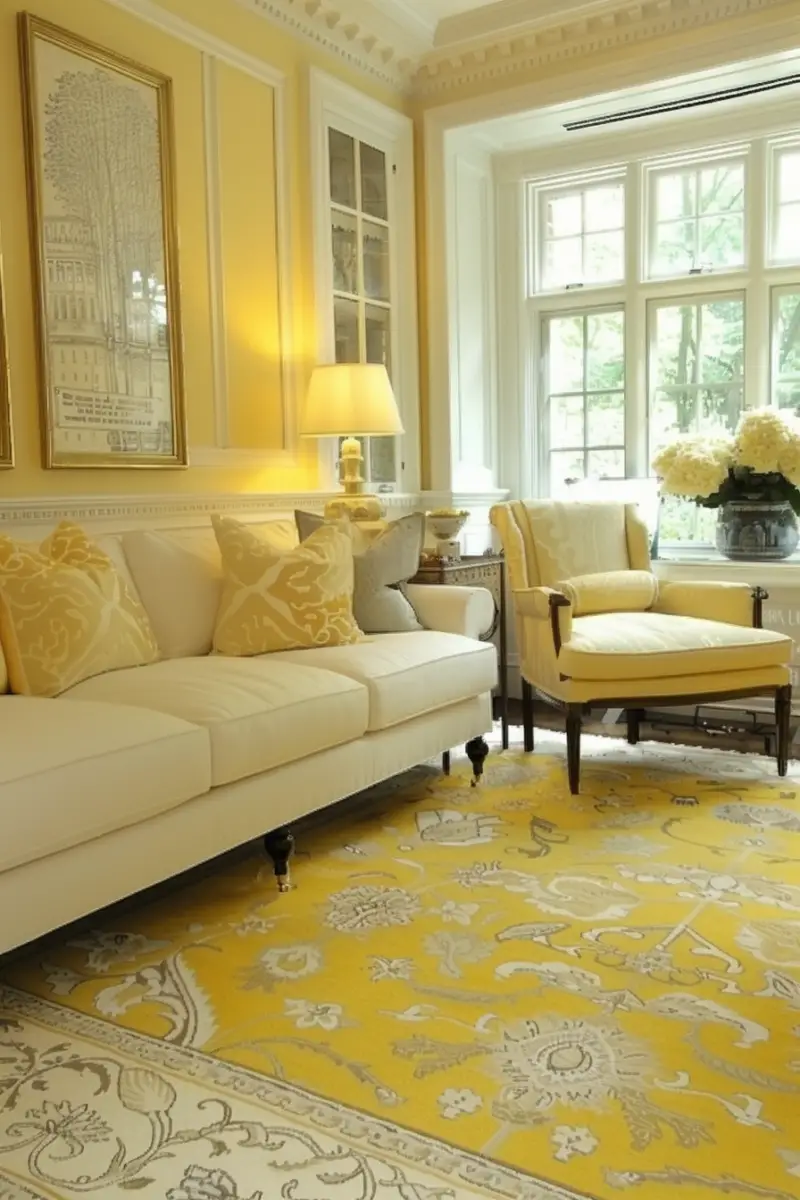 carpet with yellow walls in the living room