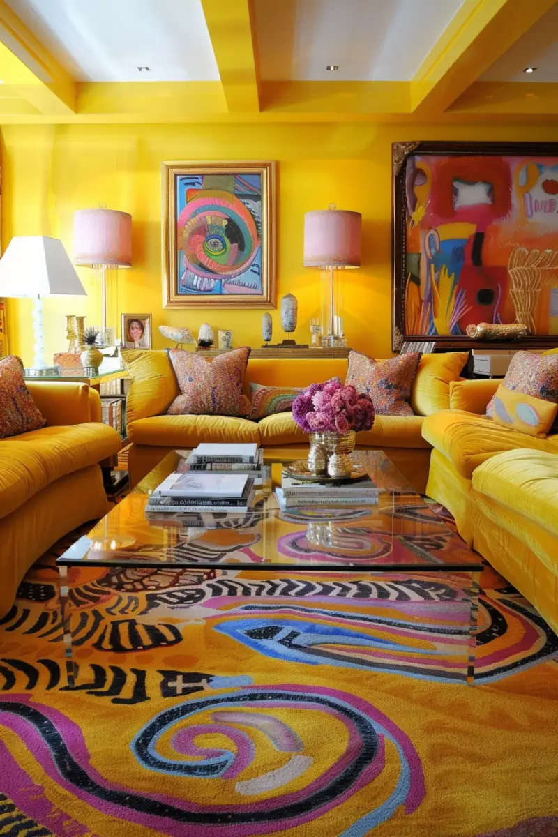 carpet with yellow walls in the living room