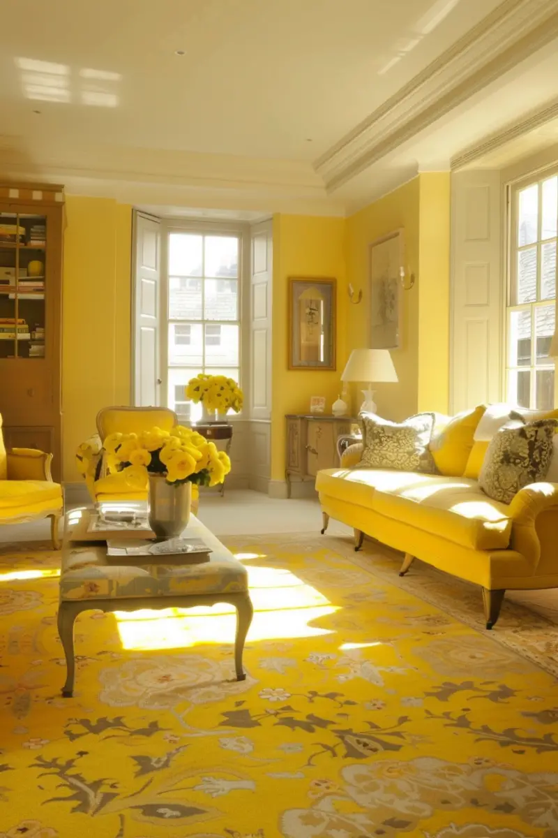 carpet with yellow walls in the living room