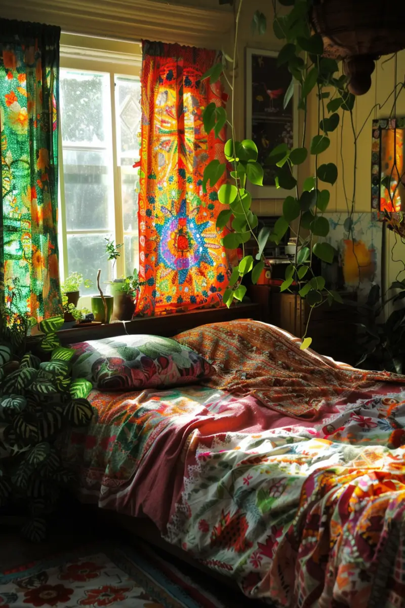 a bedroom with Hippie Curtains