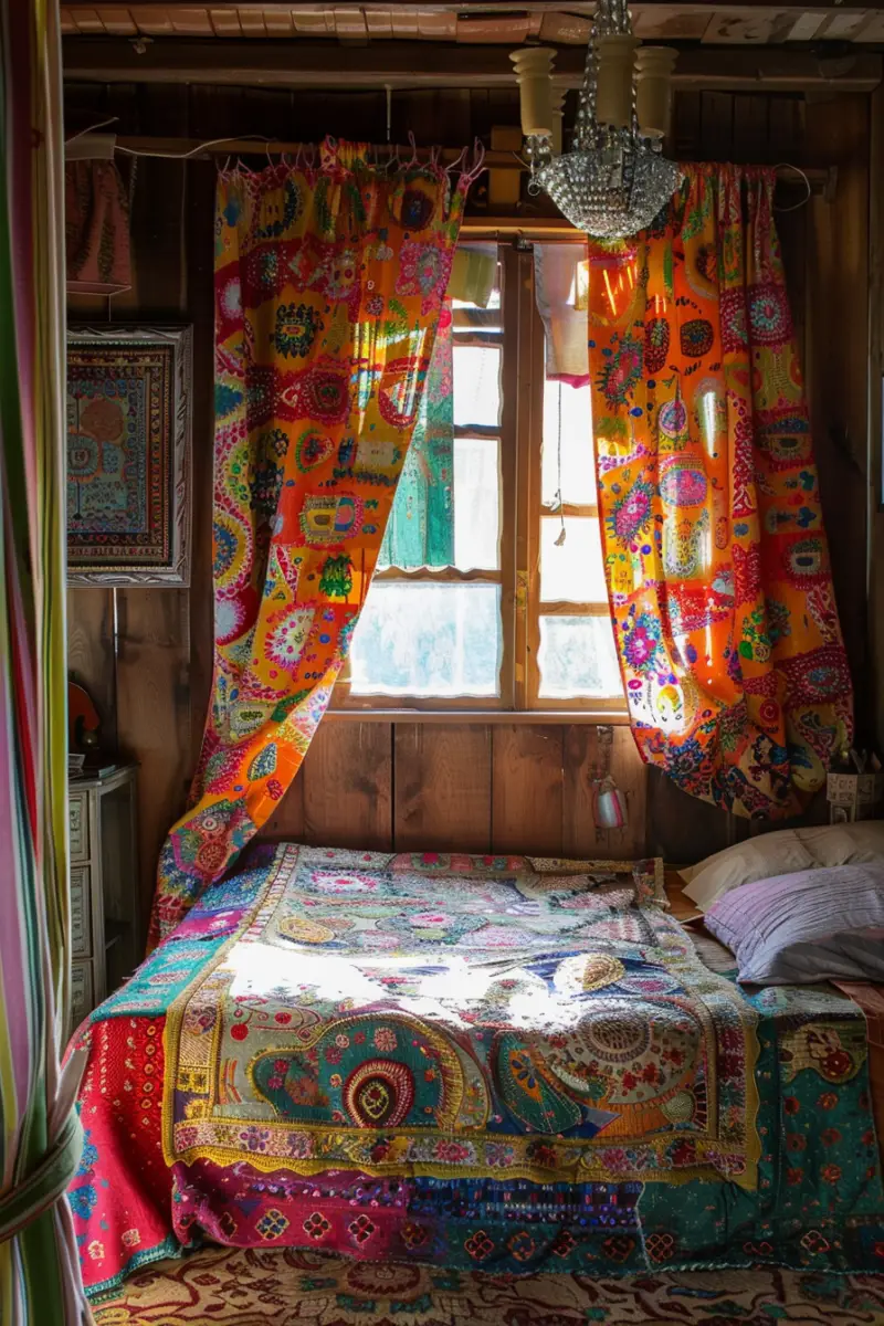 a bedroom with Hippie Curtains