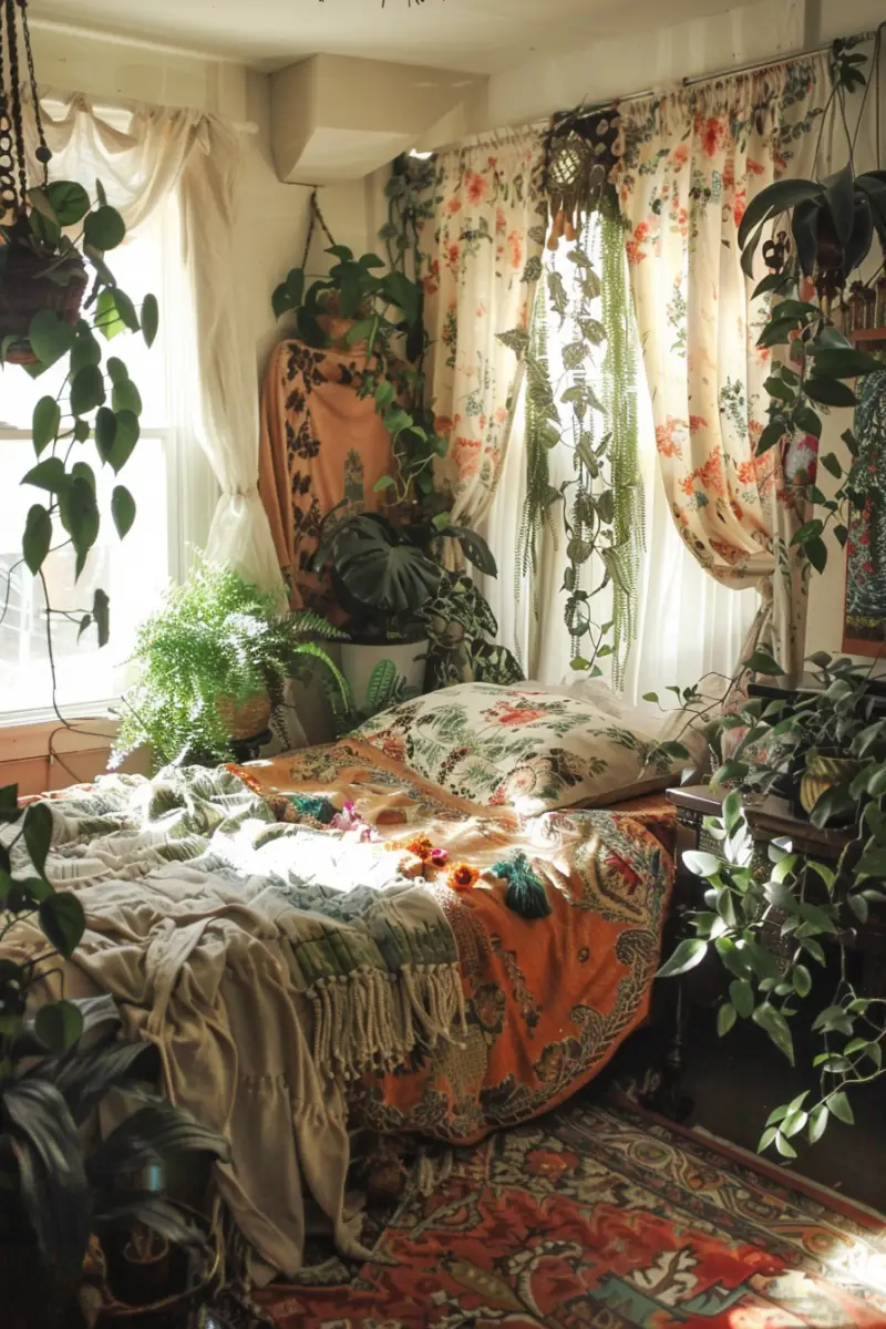 a bedroom with Hippie Curtains