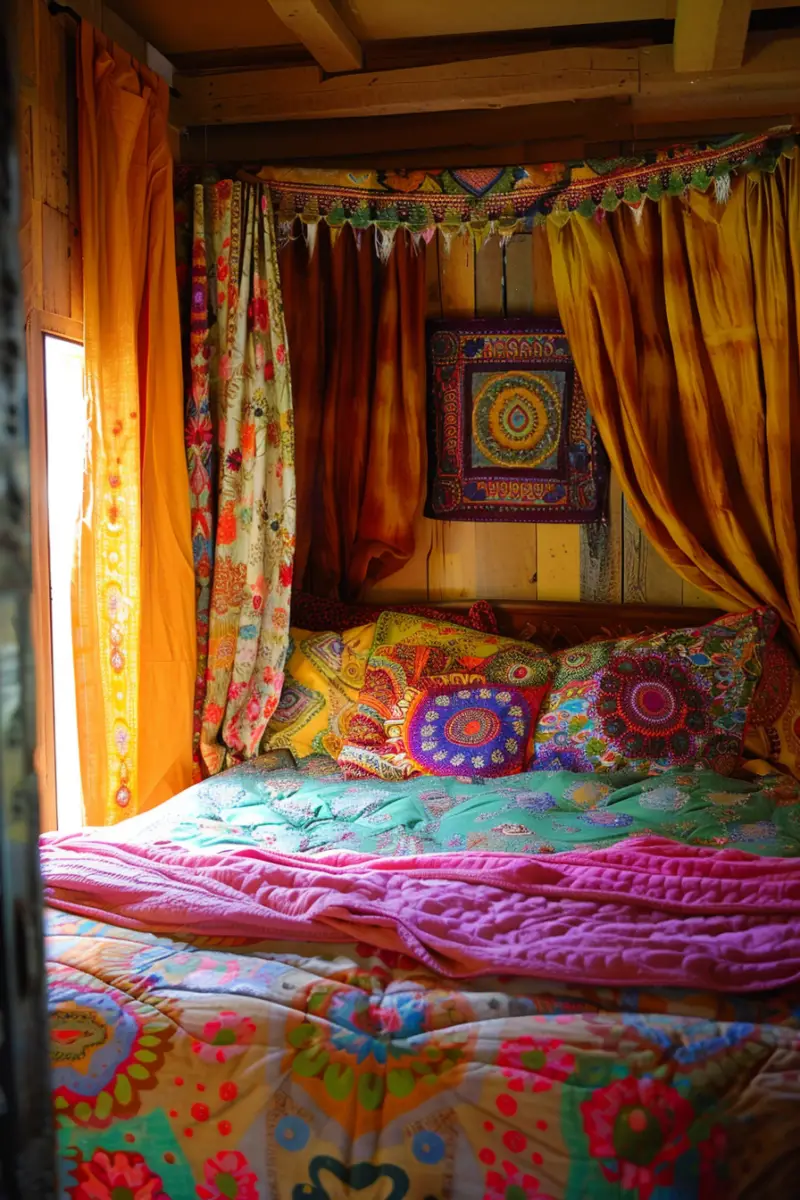 a bedroom with Hippie Curtains