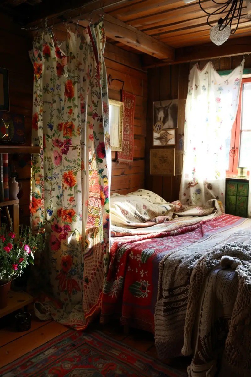 a bedroom with Hippie Curtains