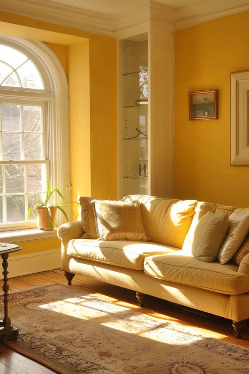 carpet with yellow walls in the living room
