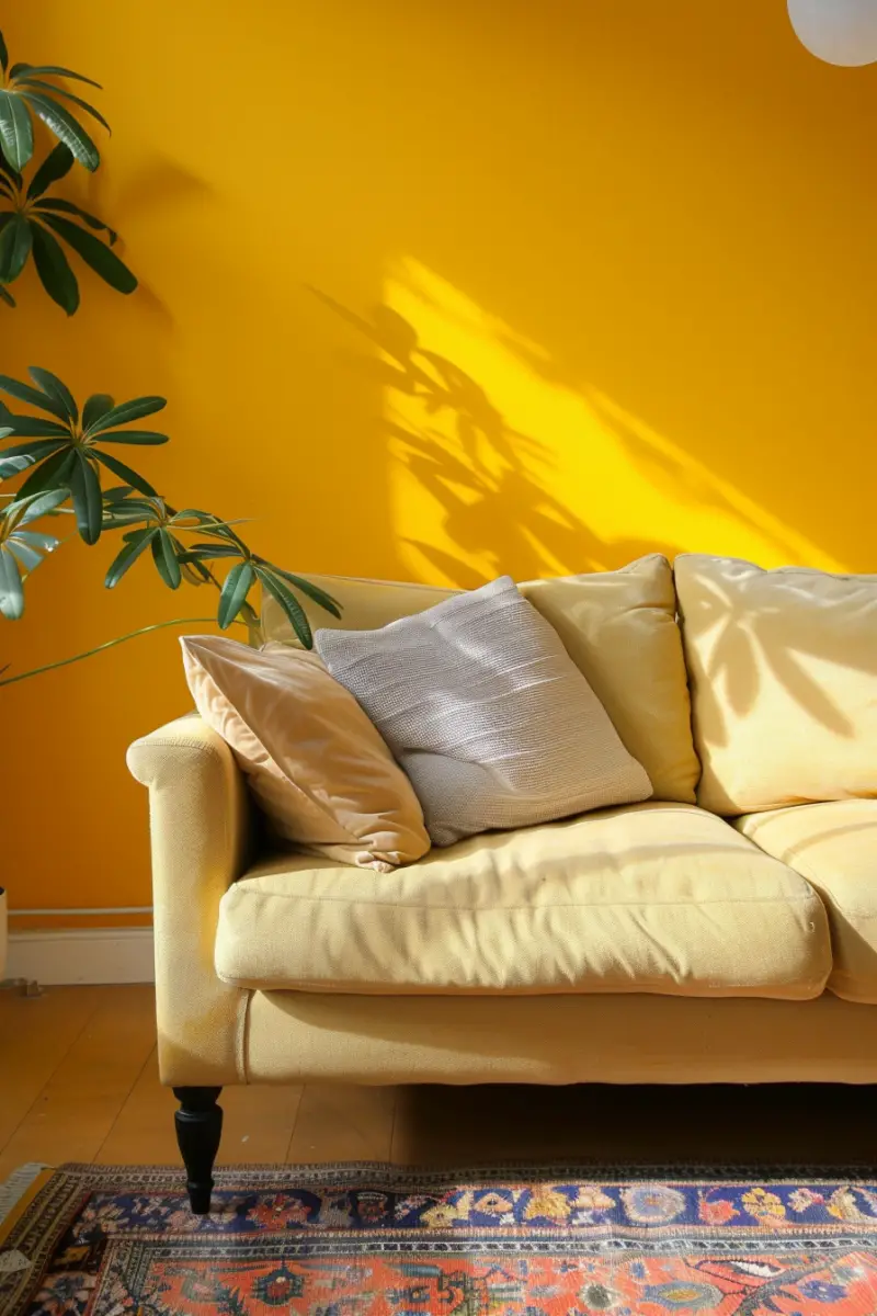 carpet with yellow walls in the living room