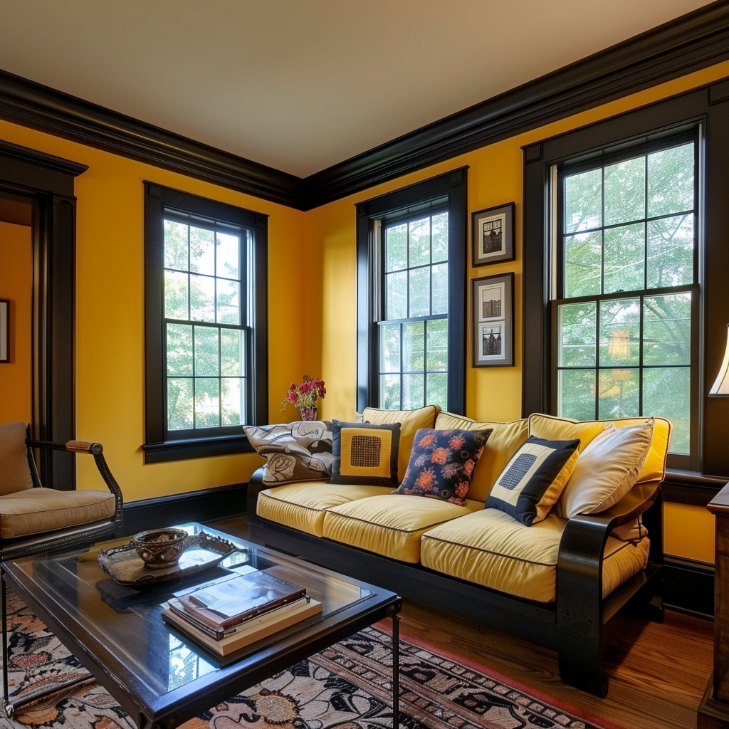 carpet with yellow walls in the living room