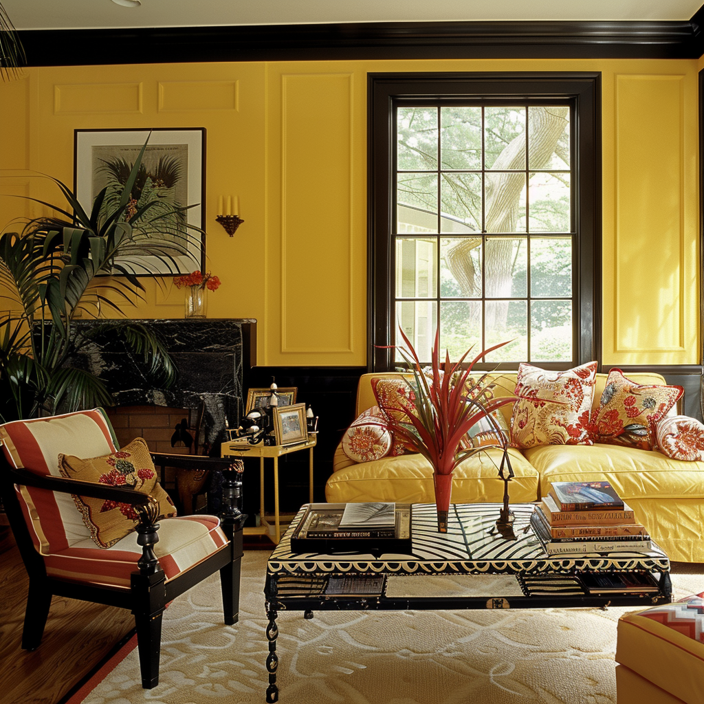 carpet with yellow walls in the living room