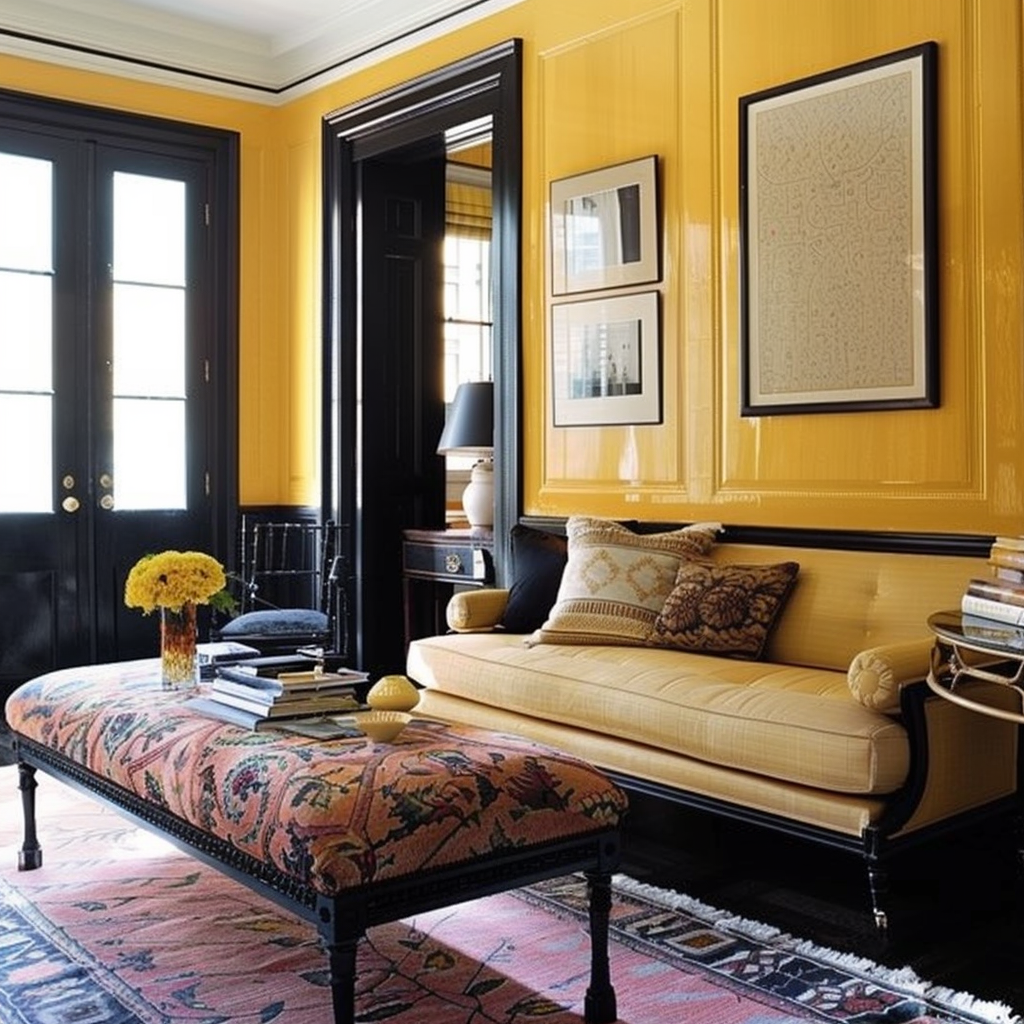 carpet with yellow walls in the living room