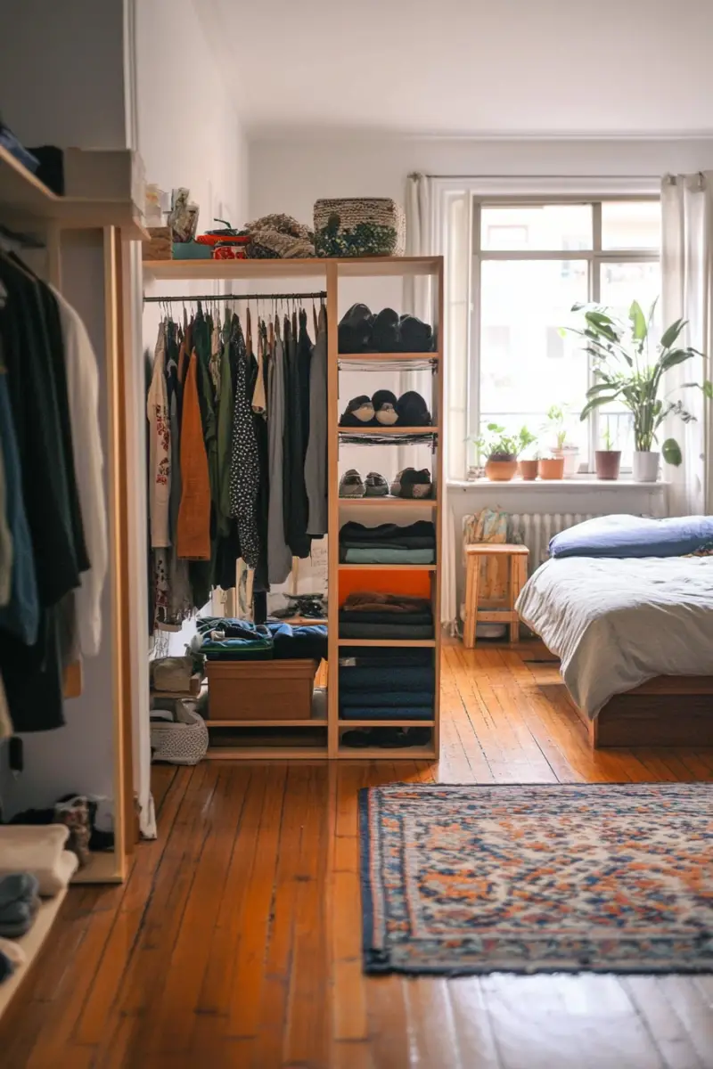 Kallax filled with clothes dividing a bedroom in 2 sections