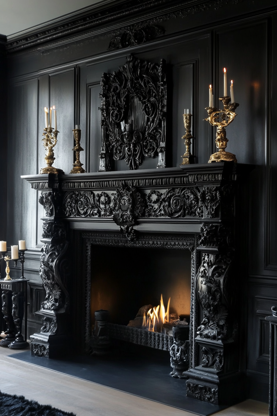 black fireplace mantel 