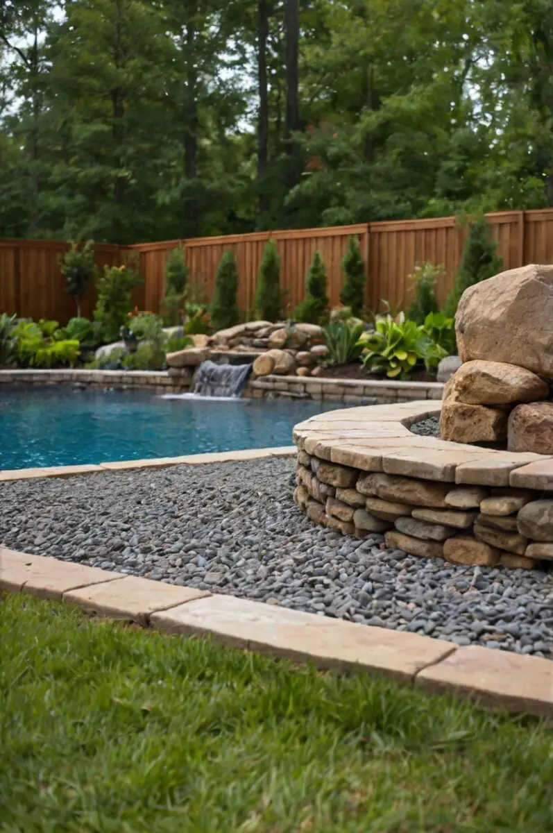 gravel perimeter with inexpensive river rock or crushed stone for a semi inground pool